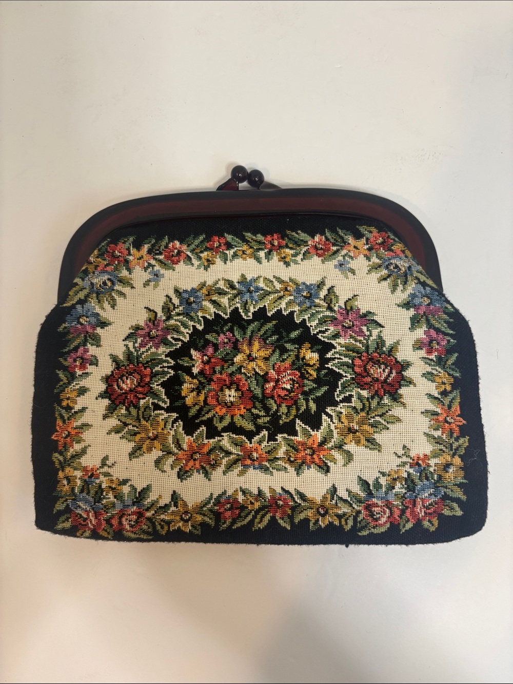 Vintage Style Handmade in Hong Kong Floral Tapestry Clutch Purse Black - Picture 3 of 8